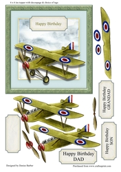 300dpi 6 x 6 ins vintage plane card front topper, with decoupage and choice of tag,