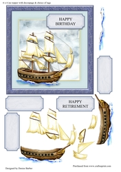 300dpi 6 x 6 ins Card front Topper of a Vintage Sailing Ship, decoupage & Choice of tag