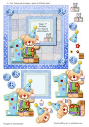 300dpi 6x6ins Card Topper with Decoupage, 1st Birthday Grandson or your own message