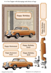 300dpi 6 x 6 ins Card topper and decoupage, choice of tag- classic Mercedes Car