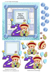 300dpi 6 x 6ins Topper & decoupage,Blue, clown, grandson 2nd Birthday, or own choice