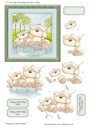 300dpi 5 x 5 ins Topper and decoupage, Birthday Teddies Fishing,choice of tag