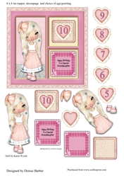 300dpi 6 x 6ins doll topper, decoupage, granddaughter 10th Birthday choice of age/message