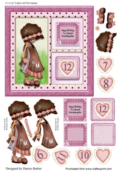 300dpi 6 x 6 ins Card front topper & decoupage, Granddaughter 12th Birthday or own choice - ages 7 - 12