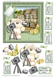300dpi, 6x6in Topper & Decoupage -Bear Photographer - Birthday - Male, choice of tag