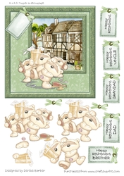 300dpi, 6x6in Topper & Decoupage- 4 Bears drinking - Retirement, Dad Brother,Grandad,Uncle
