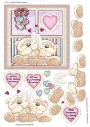 Image of cup988606_75759 - 300dpi, 6x6in Topper & Decoupage - 2 Bears Celebrating - Hearts - Champagne - Anniversary