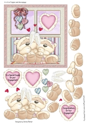 300dpi, 6x6in Topper & Decoupage - 2 Bears Celebrating - Hearts - Champagne - Engagement