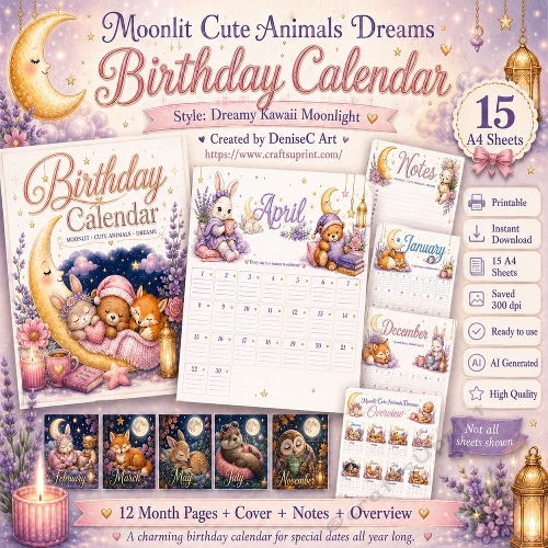 Moonlit Cute Animals Dreams Birthday Calendar