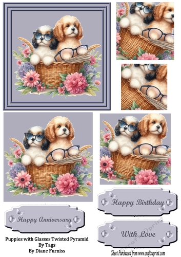 Puppies with Glasses Twisted Pyramid & Tag