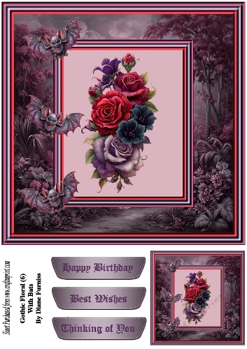Gothic Floral (6) with Bats Card Front