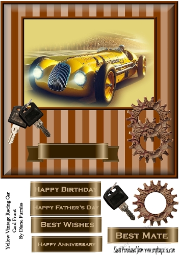  Yellow Vintage Racing car Card Front