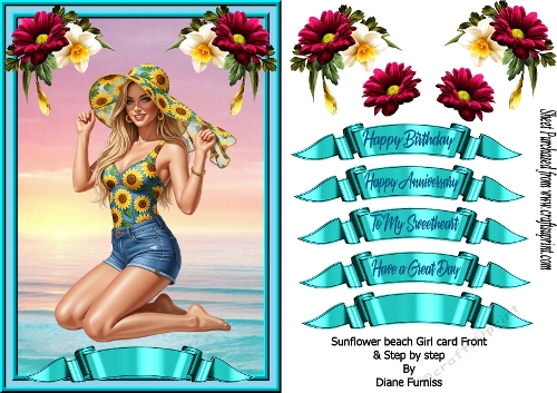 Sunflower Beach Girl Card front with Step by Step