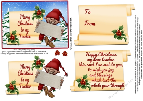 Merry Christmas to my teacher # 6 - Elf holding sign-5 x 4
