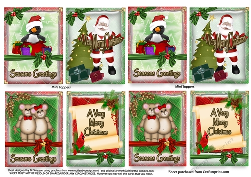 8 Mini Christmas Toppers/ Santa, teddies and xmas penguin
