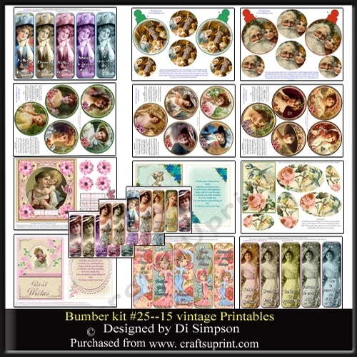 Bumper Kit-15 Assorted Vintage designs- toppers ,bookmarks, coasters and more