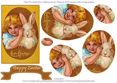 Vintage Happy Easter - Girl and Bunny