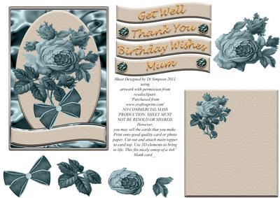 Altered Vintage Rose-teal- Topper with 3D