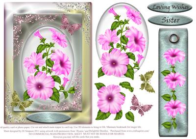 Pink Petunia Topper with 3D Elements and Bookmark.