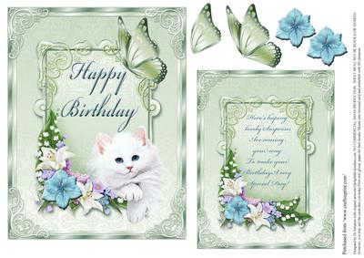 Lovely Puss and Floral- Happy Birthday- Greenish Tones