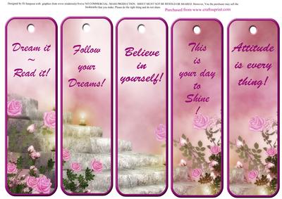 5 Beautiful Pink Roses Bookmarks with Sayings