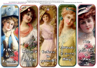 5 Beautiful Vintage Lady Bookmarks with Sayings #1