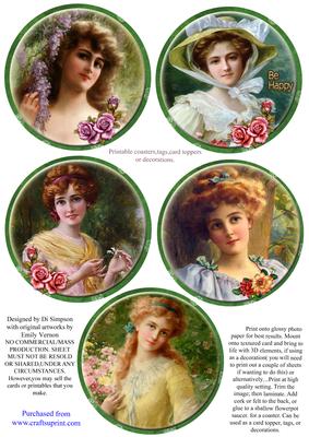 Coasters - 5 Beautiful Vintage Ladies #1-green Frame