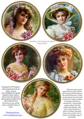 Coasters - 5 Beautiful Vintage Ladies #2-gold Frame