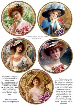 Coasters - 5 Beautiful Vintage Ladies #3-gold Frame