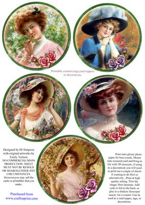 Coasters - 5 Beautiful Vintage Ladies #3-green Frame