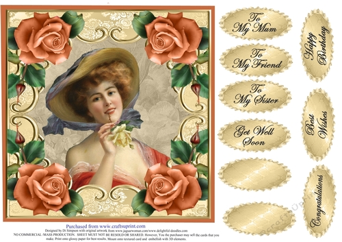 Lovely Vintage Lady with roses # 4 For lots of occasions.