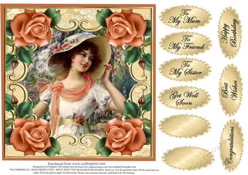 Lovely Vintage Lady with roses #5 For lots of occasions.