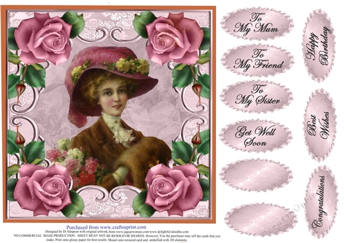 Lovely Vintage Lady with roses #6 For lots of occasions.