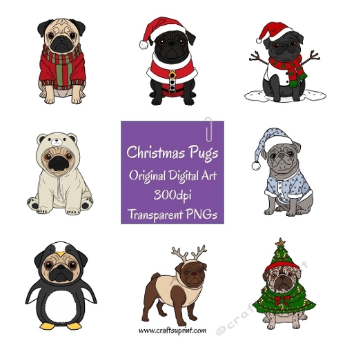 Christmas Pug Dogs Clipart