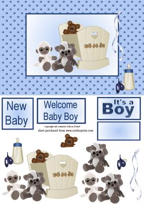 Blue New Baby Boy with Plushed Animals and Crib