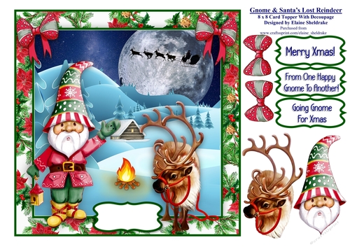 Gnome & Santas Lost Reindeer - 8 x 8 Card Topper With Decoupage