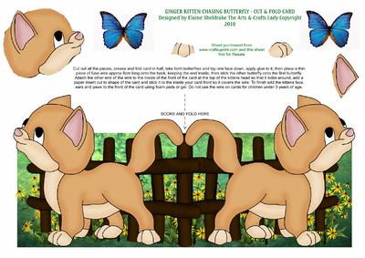 Ginger Kitten Chasing Wobbly Butterfly - Cut & Fold 3D Card