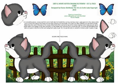 Dark Grey & White Kitten Chasing a Wobbly Butterfly Cut/fold