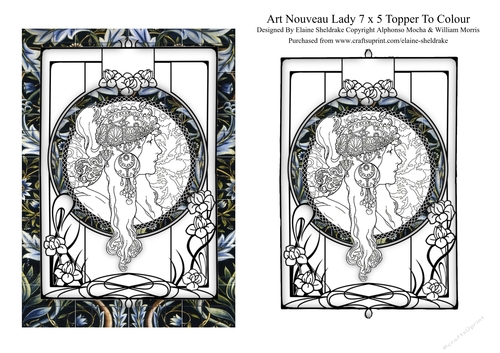 Art Nouveau Lady (1) 7 x 5 Digi Card Topper For You To Colour