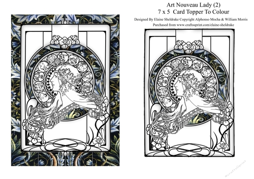 Art Nouveau Lady (2) 7 x 5 Digi Card Topper For You To Colour