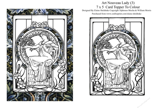 Art Nouveau Lady (3) 7 x 5 Digi Card Topper For You To Colour