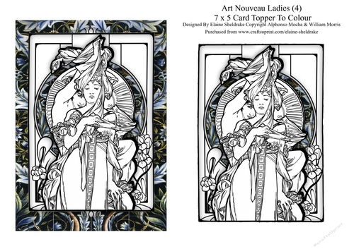 Art Nouveau Ladies (4) 7 x 5 Digi Card Topper For You To Colour