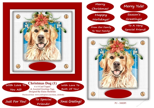 Christmas Puppy Dog (1) 6 x 6 Card Topper With Masses Of Greetings Tags