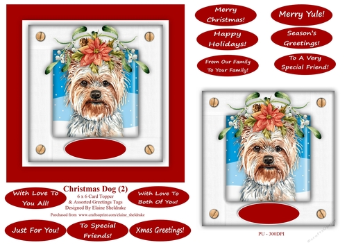 Christmas Puppy Dog (2) 6 x 6 Card Topper With Masses Of Greetings Tags