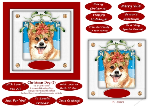 Christmas Puppy Dog (3) 6 x 6 Card Topper With Masses Of Greetings Tags