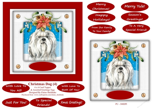 Christmas Puppy Dog (4) 6 x 6 Card Topper With Masses Of Greetings Tags