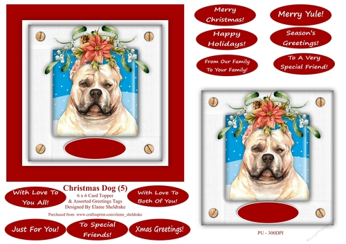 Christmas Puppy Dog (5) 6 x 6 Card Topper With Masses Of Greetings Tags