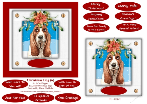 Christmas Puppy Dog (6) 6 x 6 Card Topper With Masses Of Greetings Tags