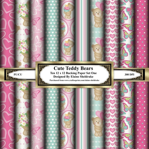 Cute Pink & Green Teddy Bears - Ten 12 x 12 Papers Set One