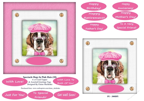 Spectacle Dogs In Pink Hats (1) - 6 x 6 Card Topper & Greetings Tags